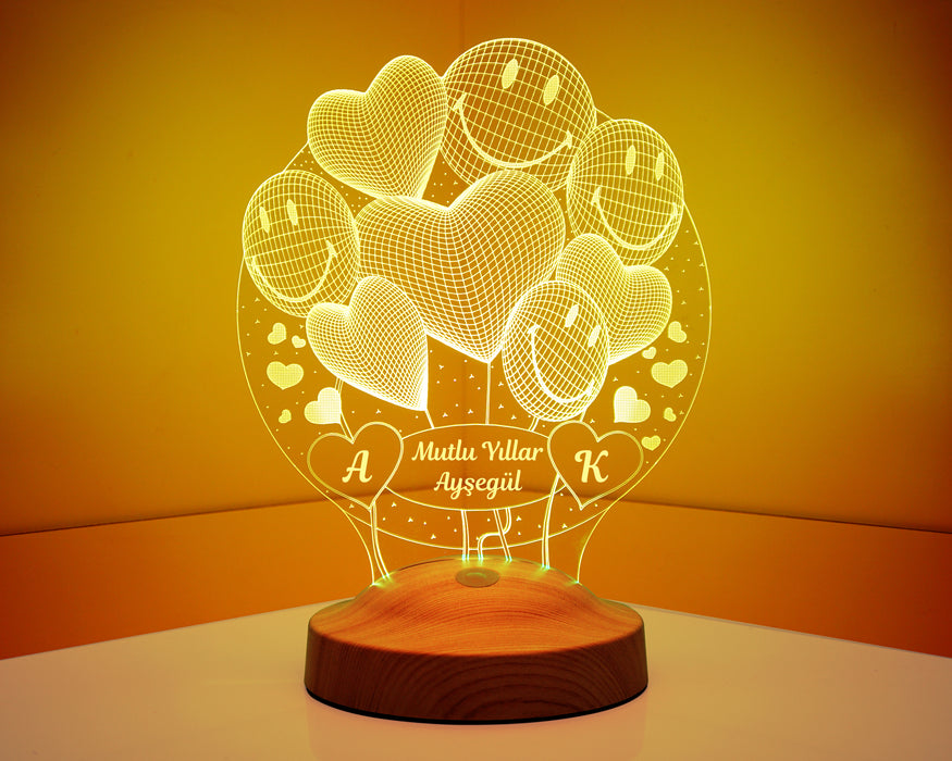 Yılbaşı Yeni Yıl Hediyesi Mutlu Yıllar 3D Smiley Kalpler Led Lamba