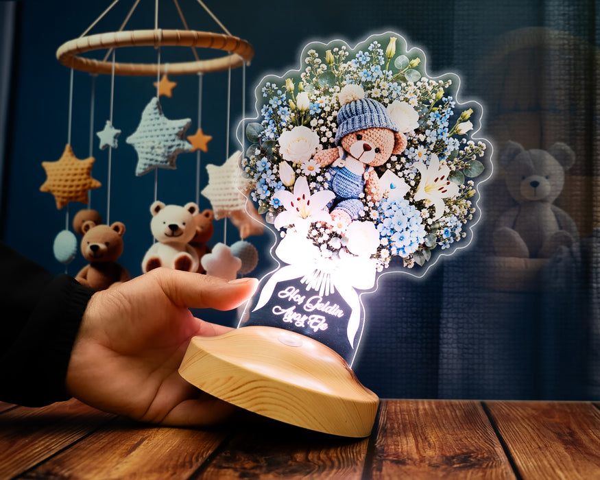 Yeni Doğan Erkek Bebek Hediyesi Mavi Ayıcıklı Işıklı Çiçek Buketi LED Lamba - Kişiye Özel Hoş Geldin Bebek Hediyesi