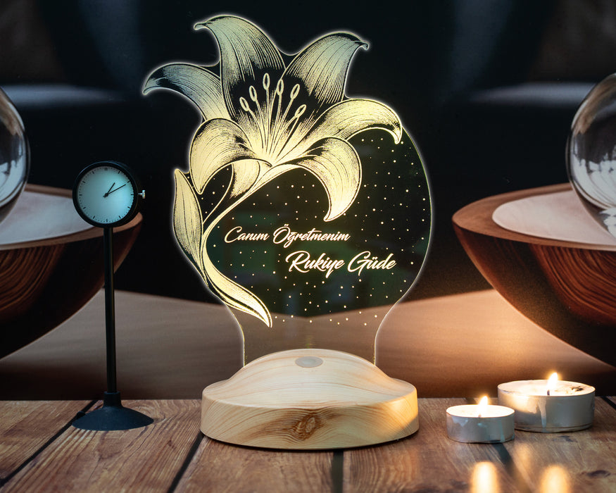 Zambak Lilyum Çiçek Buketi Kişiye Özel LED Lamba | Öğretmene, Kadına ve Anneye Doğum Günü Hediyesi