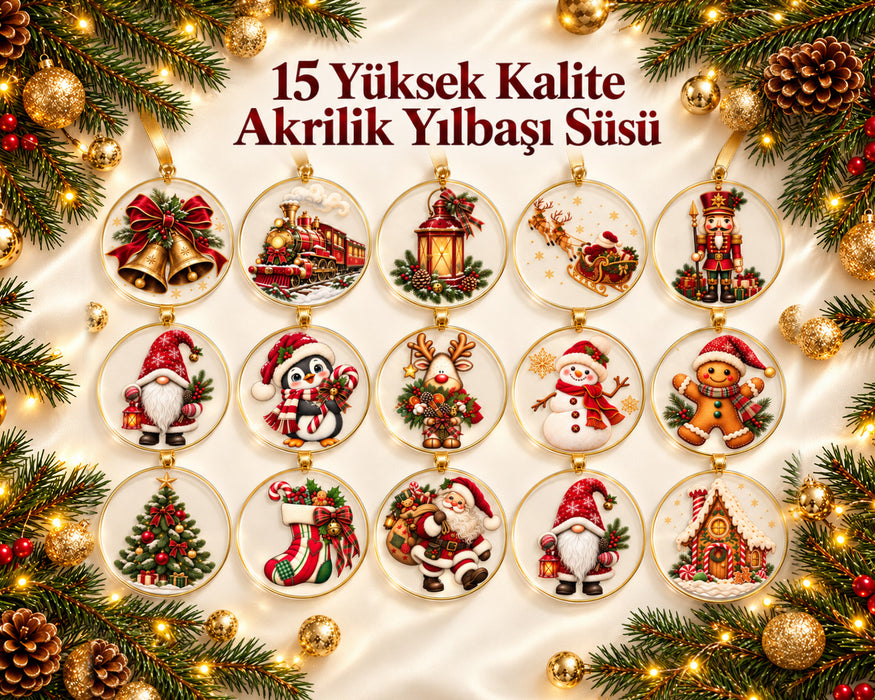 15 Adet Yılbaşı Ağaç Süsü Seti - Yeni Yıl Çam Ağacı Süsleme Paketi, Akrilik Yılbaşı Ağaç Süsleri