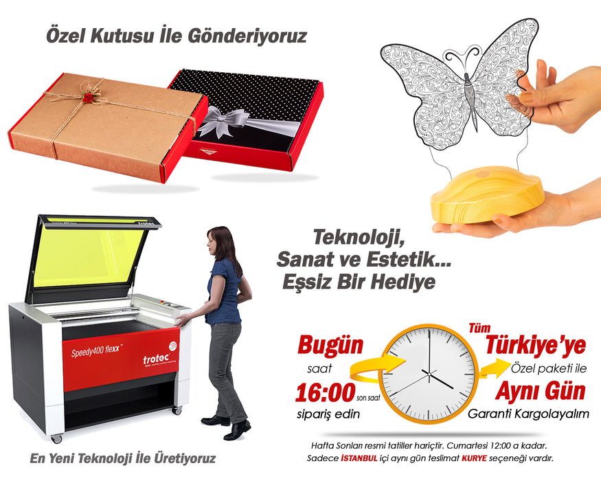 Kelebek Desenli 3D LED Gece Lambası – Kişiye Özel Hediye