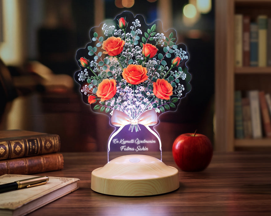 Turuncu Gül Buketi LED Lamba - Kişiye Özel Turuncu Gül Çiçek Buketi Doğum Günü ve Kadına Hediye Dekoratif Masa Lambası