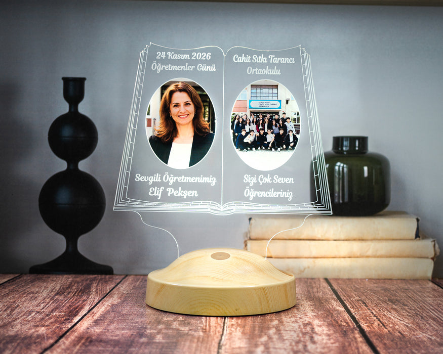 Sınıf Fotoğraflı öğretmene Hediye Kitap Şeklinde LED Lamba - 24 Kasım Öğretmenler Günü Hediyesi, 2 Fotoğraflı Öğrenci Resimli Mezuniyet Hediyesi