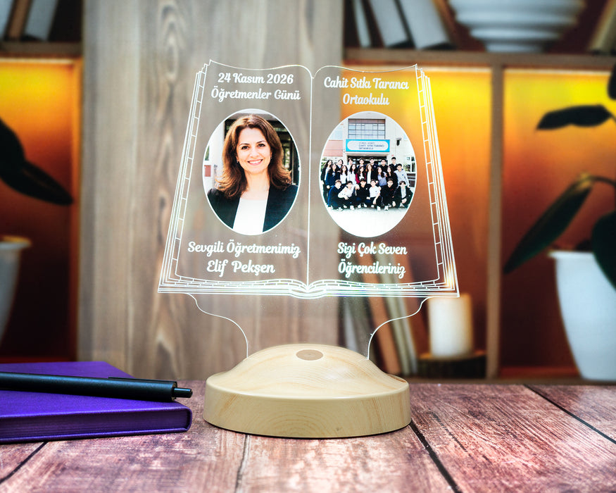 Sınıf Fotoğraflı öğretmene Hediye Kitap Şeklinde LED Lamba - 24 Kasım Öğretmenler Günü Hediyesi, 2 Fotoğraflı Öğrenci Resimli Mezuniyet Hediyesi
