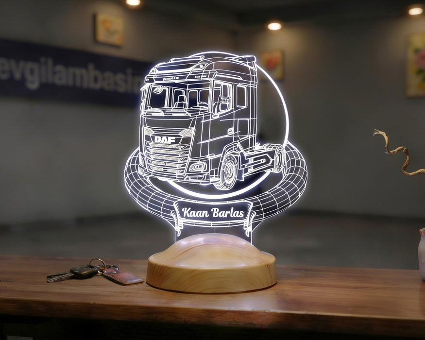 DAF Tır Kişiye Özel 3D LED Lamba, Tır Şoförüne Hediye, Kamyon ve Lojistik Tutkunlarına İsimli Gece Lambası