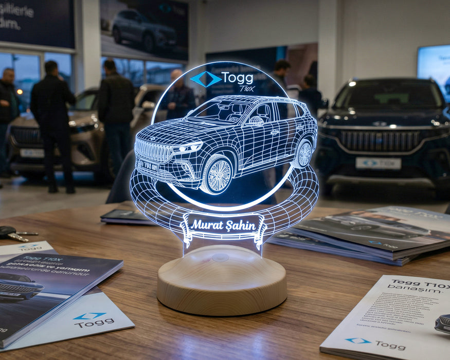 Togg T10X Araba Kişiye Özel 3D LED Lamba, Togg Hediyesi, Elektrikli Araba Tutkunlarına İsimli Masa Lambası