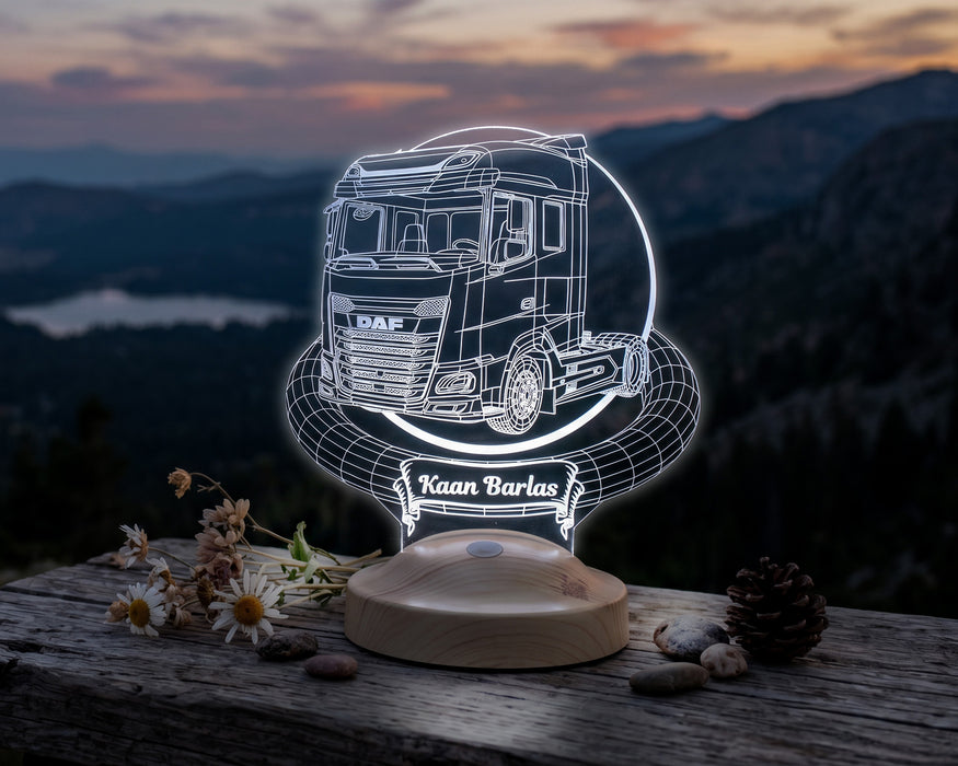 DAF Tır Kişiye Özel 3D LED Lamba, Tır Şoförüne Hediye, Kamyon ve Lojistik Tutkunlarına İsimli Gece Lambası