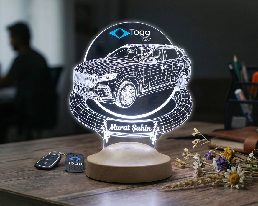 Togg T10X Araba Kişiye Özel 3D LED Lamba, Togg Hediyesi, Elektrikli Araba Tutkunlarına İsimli Masa Lambası