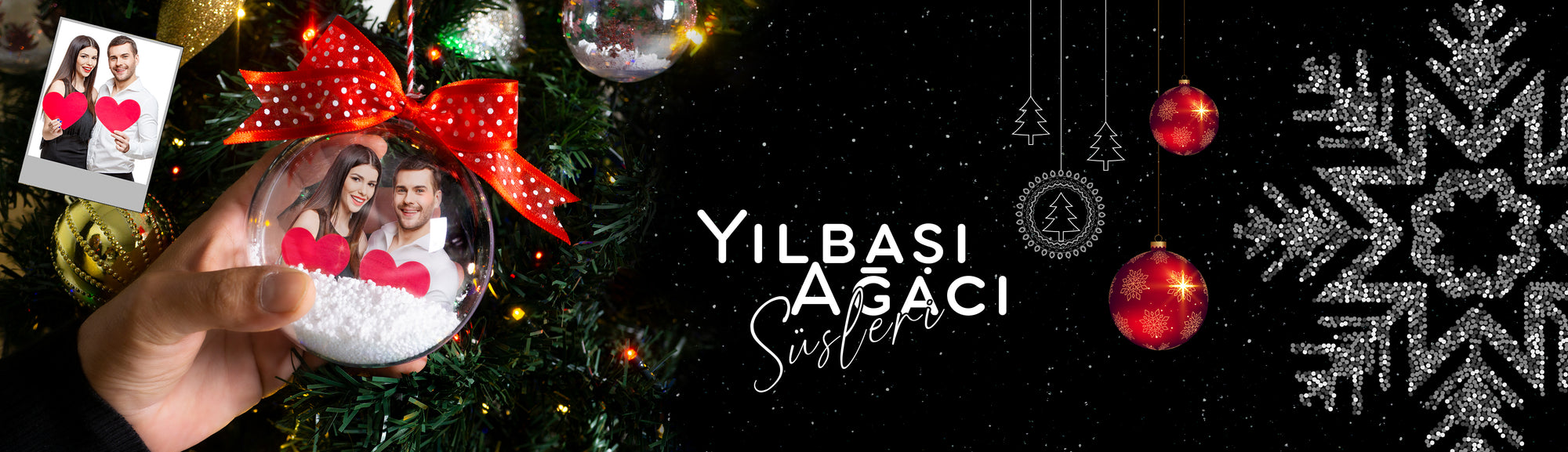 Şeffaf küre kar topu içinde kar taneleri ve kişiye özel fotoğraflı yılbaşı süsü