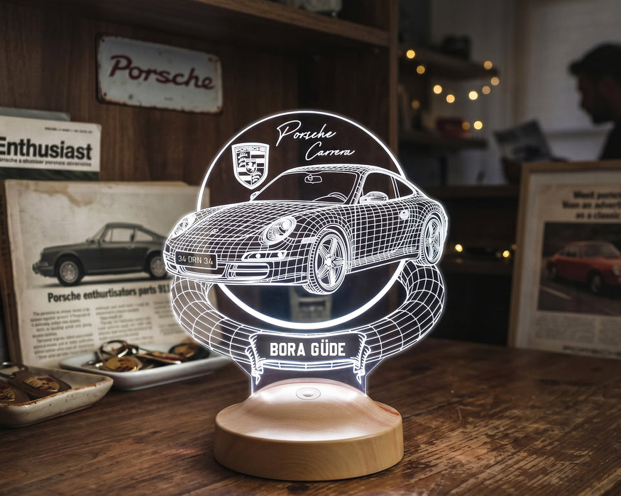 Porsche 911 Carrera Kişiye Özel 3D LED Lamba, Porsche Sevene Hediye, Klasik Spor Araba Tutkununa İsimli Masa Lambası