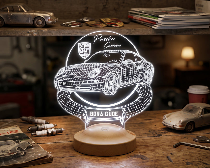 Porsche 911 Carrera Kişiye Özel 3D LED Lamba, Porsche Sevene Hediye, Klasik Spor Araba Tutkununa İsimli Masa Lambası