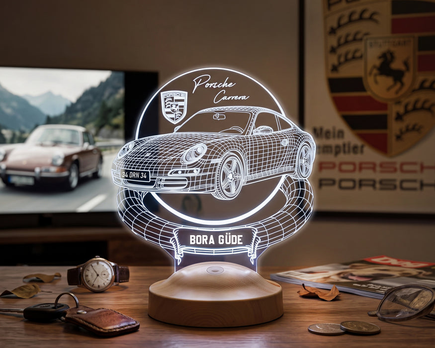 Porsche 911 Carrera Kişiye Özel 3D LED Lamba, Porsche Sevene Hediye, Klasik Spor Araba Tutkununa İsimli Masa Lambası