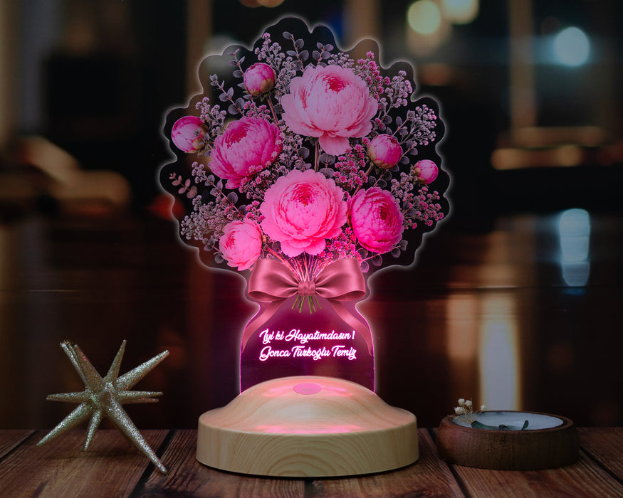 Pembe Şakayık Çiçek Buketi LED Lamba, Peony Şakayık Aranjmanı Kişiye Özel Anneye, Sevgiliye ve Kadına Zarif Hediye