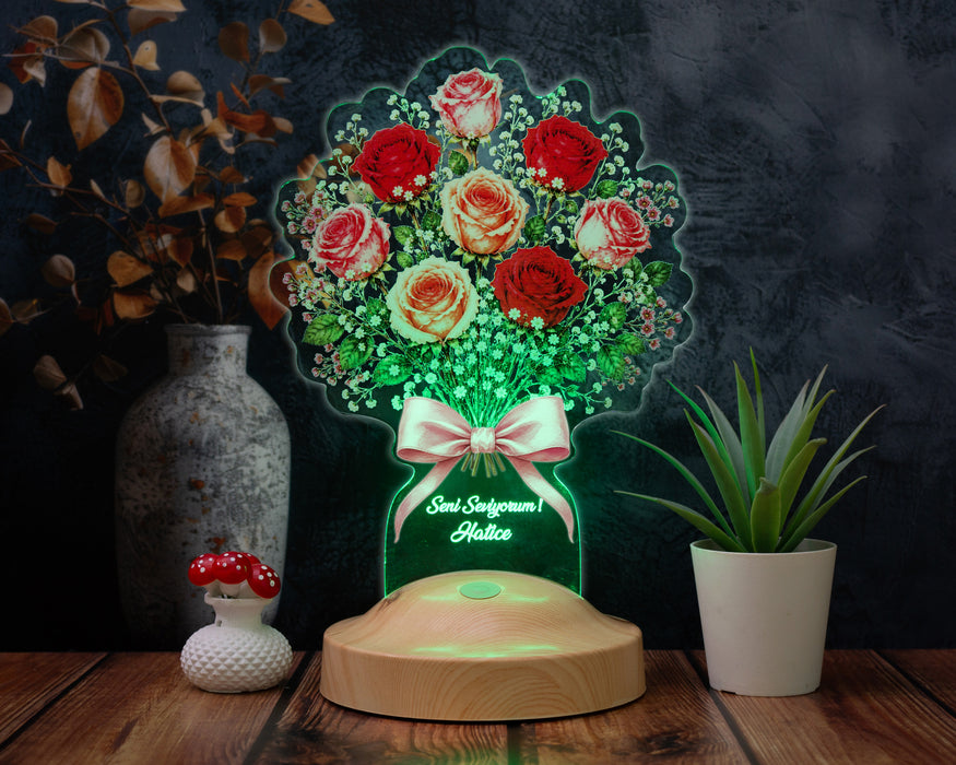 Kırmızı ve Pembe Gül Buketi LED Lamba – Kişiye Özel Sevgili, Eş ve Yıldönümü Hediyesi Dekoratif Masa Lambası
