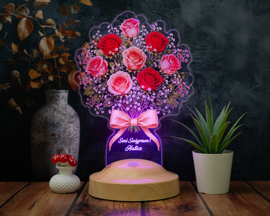 Kırmızı ve Pembe Gül Buketi LED Lamba – Kişiye Özel Sevgili, Eş ve Yıldönümü Hediyesi Dekoratif Masa Lambası