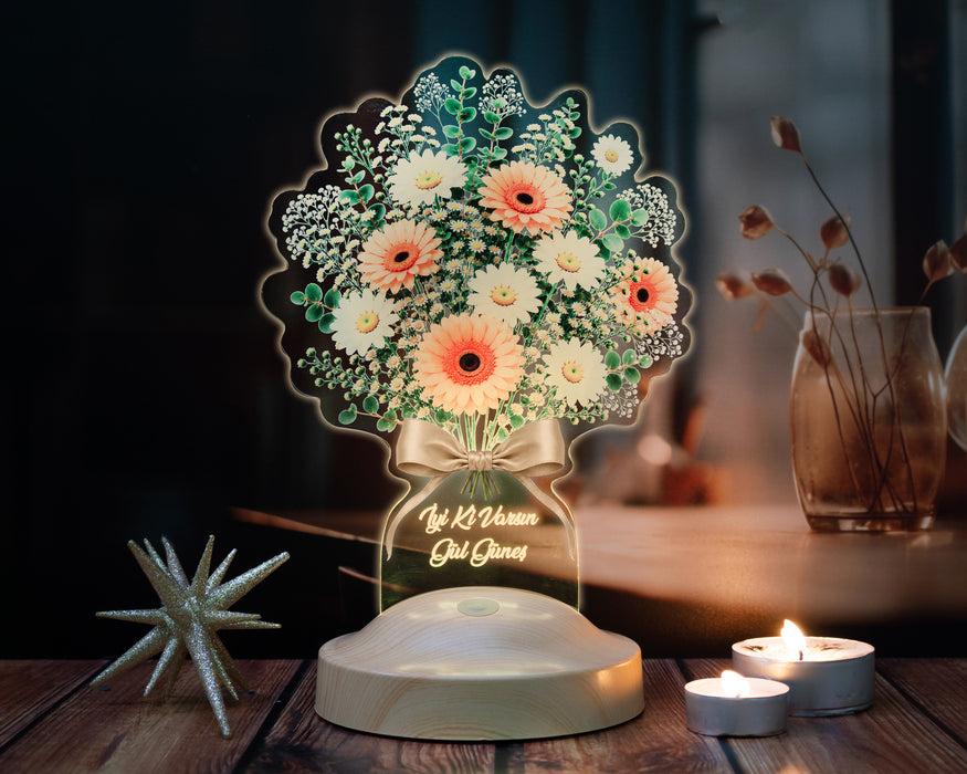 Beyaz Papatya Gerbera Çiçek Buketi LED Lamba - Papatya Aranjmanı Tasarımlı Anneye, Sevgiliye, Öğretmene ve Arkadaşa Anlamlı Hediye