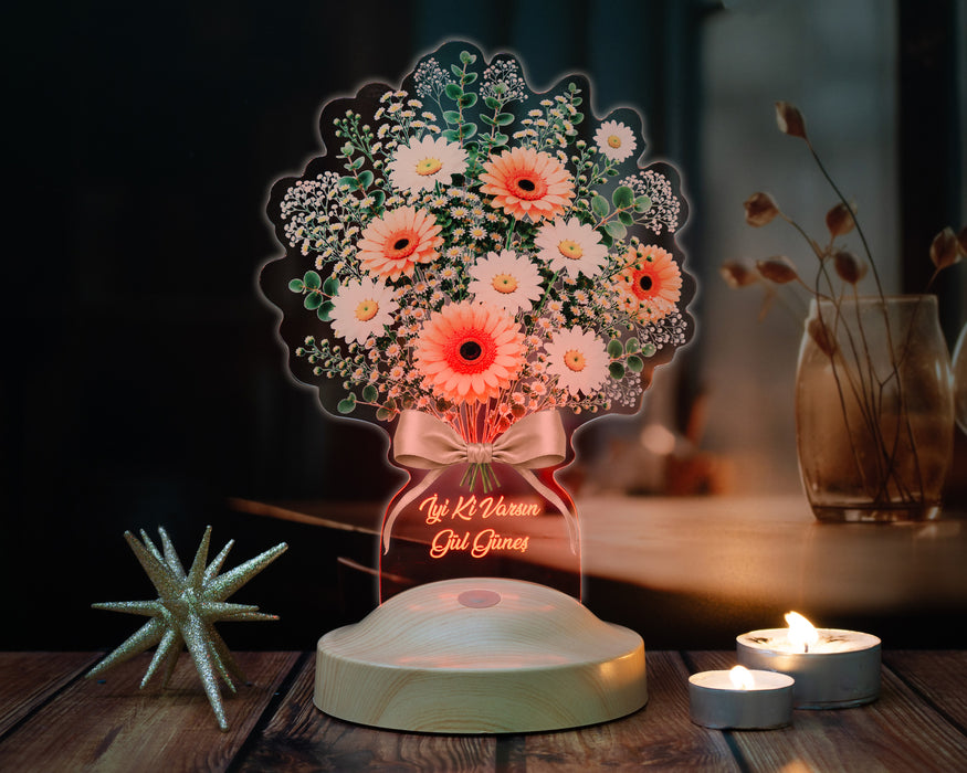 Beyaz Papatya Gerbera Çiçek Buketi LED Lamba - Papatya Aranjmanı Tasarımlı Anneye, Sevgiliye, Öğretmene ve Arkadaşa Anlamlı Hediye