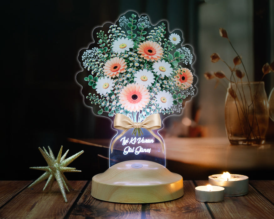 Beyaz Papatya Gerbera Çiçek Buketi LED Lamba - Papatya Aranjmanı Tasarımlı Anneye, Sevgiliye, Öğretmene ve Arkadaşa Anlamlı Hediye