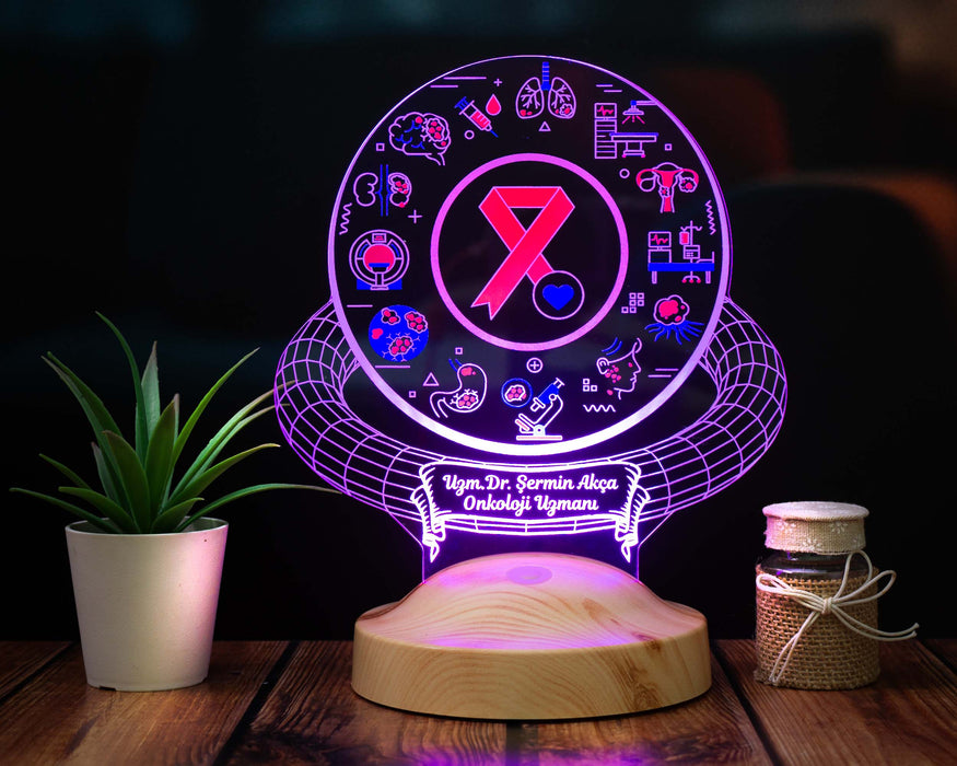 Onkoloji Doktoruna Hediye LED Lamba | Onkolog Uzmanına Kişiye Özel Doktor Hediyesi, Kanser Farkındalık Temalı Dekoratif Masa Lambası