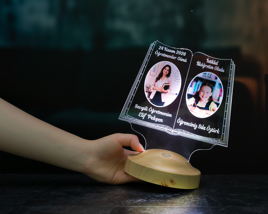 2 Fotoğraflı öğretmene Hediye Kitap Şeklinde LED Lamba - 24 Kasım Öğretmenler Günü Hediyesi, Öğrenci Resimli Mezuniyet Hediyesi
