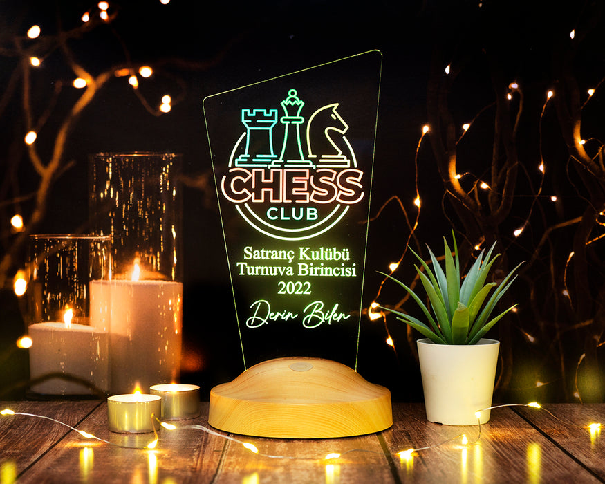 Satranç Turnuvası Kupa Ödül Hediyesi, Satranç Öğretmenine Hediye Led Lamba, Satranç Temalı Hediyelik, Chess Renkli Masa Lambası