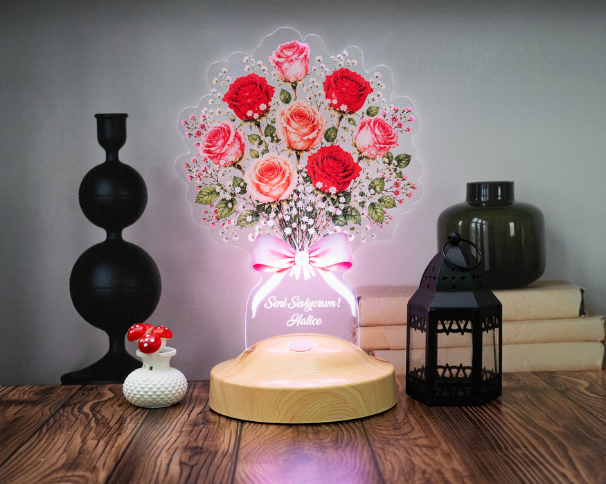 Kırmızı ve Pembe Gül Buketi LED Lamba – Kişiye Özel Sevgili, Eş ve Yıldönümü Hediyesi Dekoratif Masa Lambası