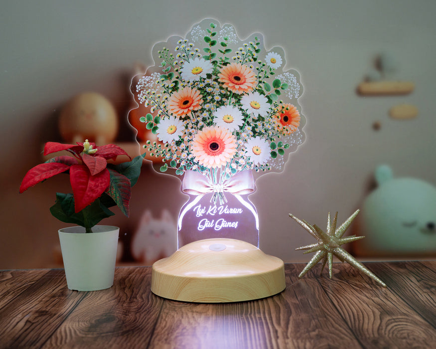 Beyaz Papatya Gerbera Çiçek Buketi LED Lamba - Papatya Aranjmanı Tasarımlı Anneye, Sevgiliye, Öğretmene ve Arkadaşa Anlamlı Hediye