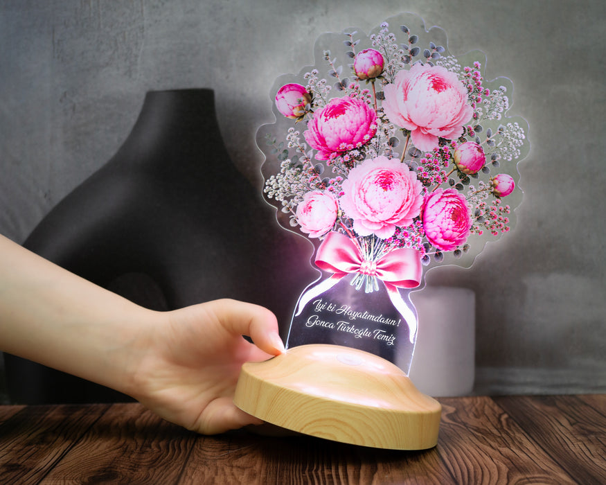 Pembe Şakayık Çiçek Buketi LED Lamba, Peony Şakayık Aranjmanı Kişiye Özel Anneye, Sevgiliye ve Kadına Zarif Hediye
