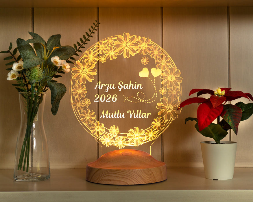 Yılbaşı Papatya Çiçek Hediyesi, Yeni Yıl Mutlu Yıllar Hediyesi, Papatya 3D Led Lamba