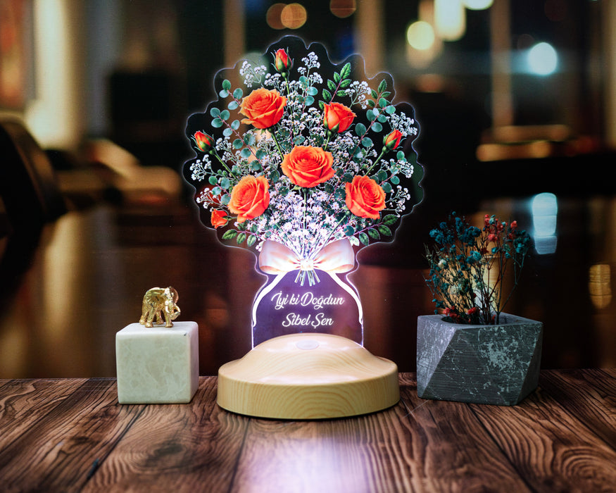 Turuncu Gül Buketi LED Lamba - Kişiye Özel Turuncu Gül Çiçek Buketi Doğum Günü ve Kadına Hediye Dekoratif Masa Lambası