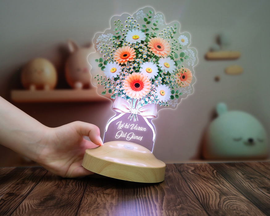 Beyaz Papatya Gerbera Çiçek Buketi LED Lamba - Papatya Aranjmanı Tasarımlı Anneye, Sevgiliye, Öğretmene ve Arkadaşa Anlamlı Hediye