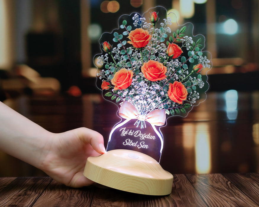 Turuncu Gül Buketi LED Lamba - Kişiye Özel Turuncu Gül Çiçek Buketi Doğum Günü ve Kadına Hediye Dekoratif Masa Lambası