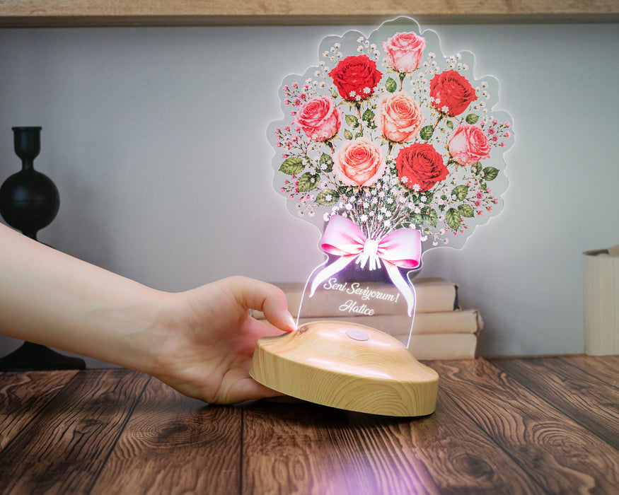 Kırmızı ve Pembe Gül Buketi LED Lamba – Kişiye Özel Sevgili, Eş ve Yıldönümü Hediyesi Dekoratif Masa Lambası