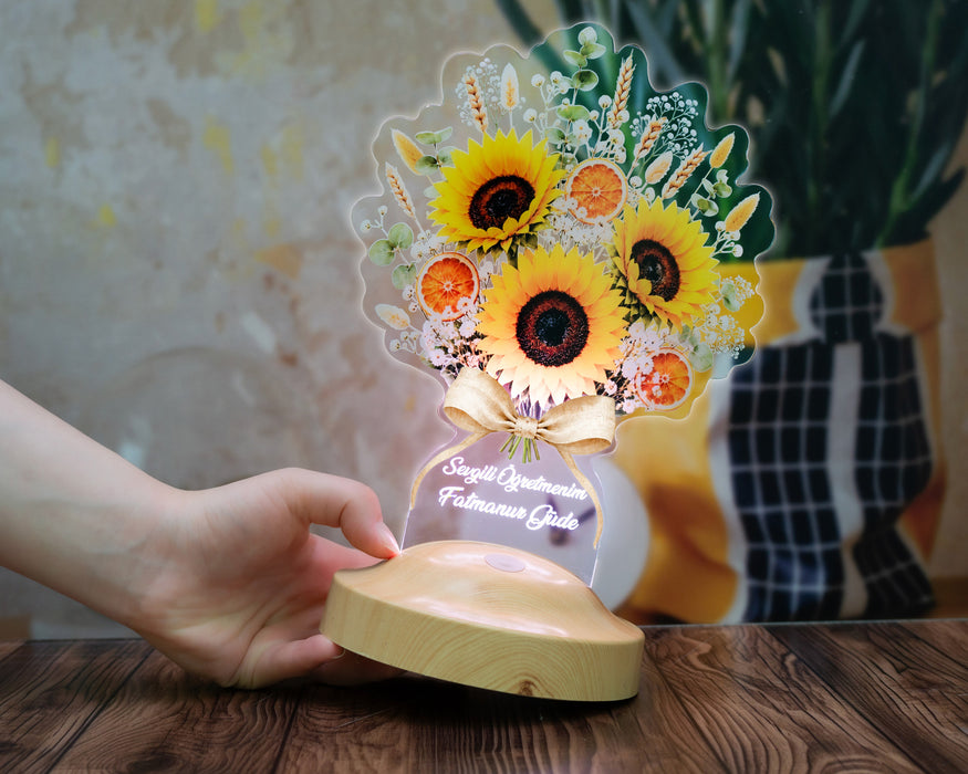 Ayçiçeği Buketi LED Lamba, Günebakan Çiçek Buketi Doğum Günü Hediyesi Kadına, Anneye ve Öğretmene Hediye Masa Lambası