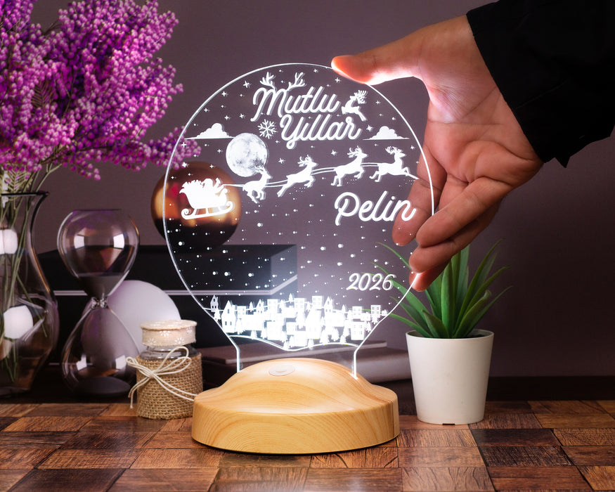 Kişiye Özel Yeni Yıl, Yılbaşı Hediyesi, Mutlu Yıllar Hediyesi, Uçan Geyikler 3D Led Lamba