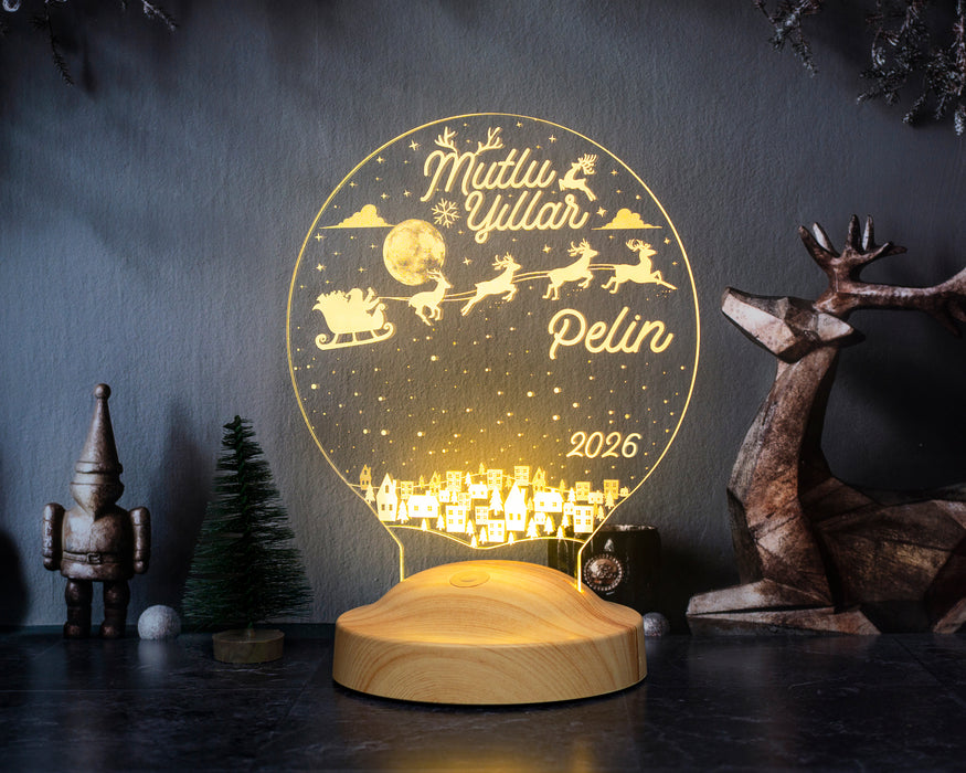 Kişiye Özel Yeni Yıl, Yılbaşı Hediyesi, Mutlu Yıllar Hediyesi, Uçan Geyikler 3D Led Lamba