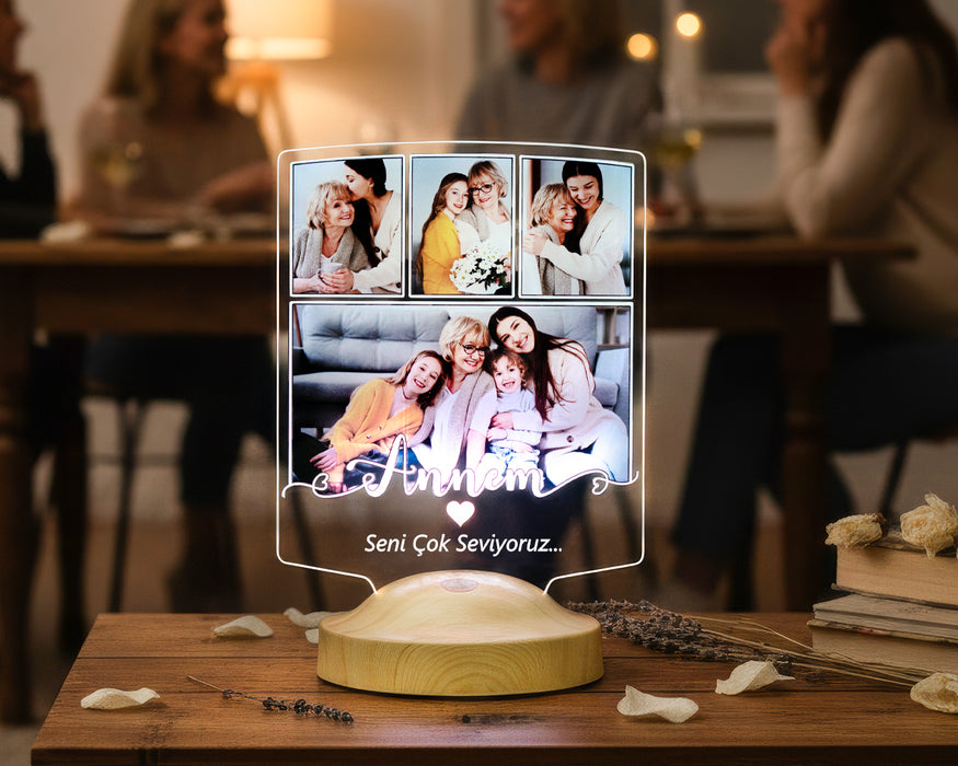 Anneye Hediye 4 Fotoğraflı LED Lamba – Kişiye Özel Resimli Anneler Günü Hediyesi, Annem Yazılı Anlamlı Hediye