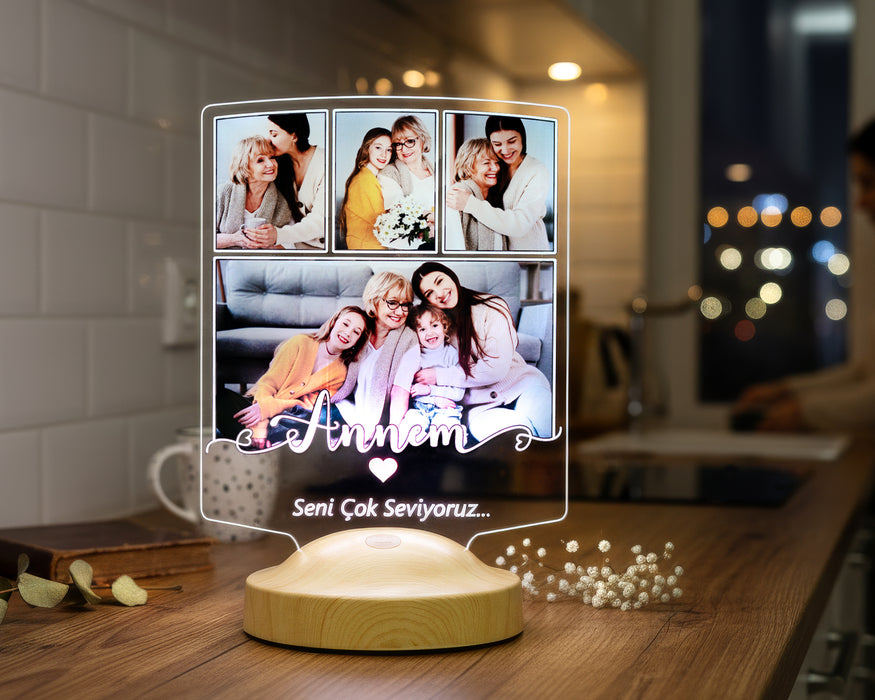 Anneye Hediye 4 Fotoğraflı LED Lamba – Kişiye Özel Resimli Anneler Günü Hediyesi, Annem Yazılı Anlamlı Hediye