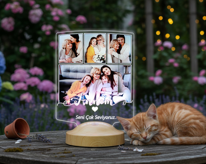 Anneye Hediye 4 Fotoğraflı LED Lamba – Kişiye Özel Resimli Anneler Günü Hediyesi, Annem Yazılı Anlamlı Hediye